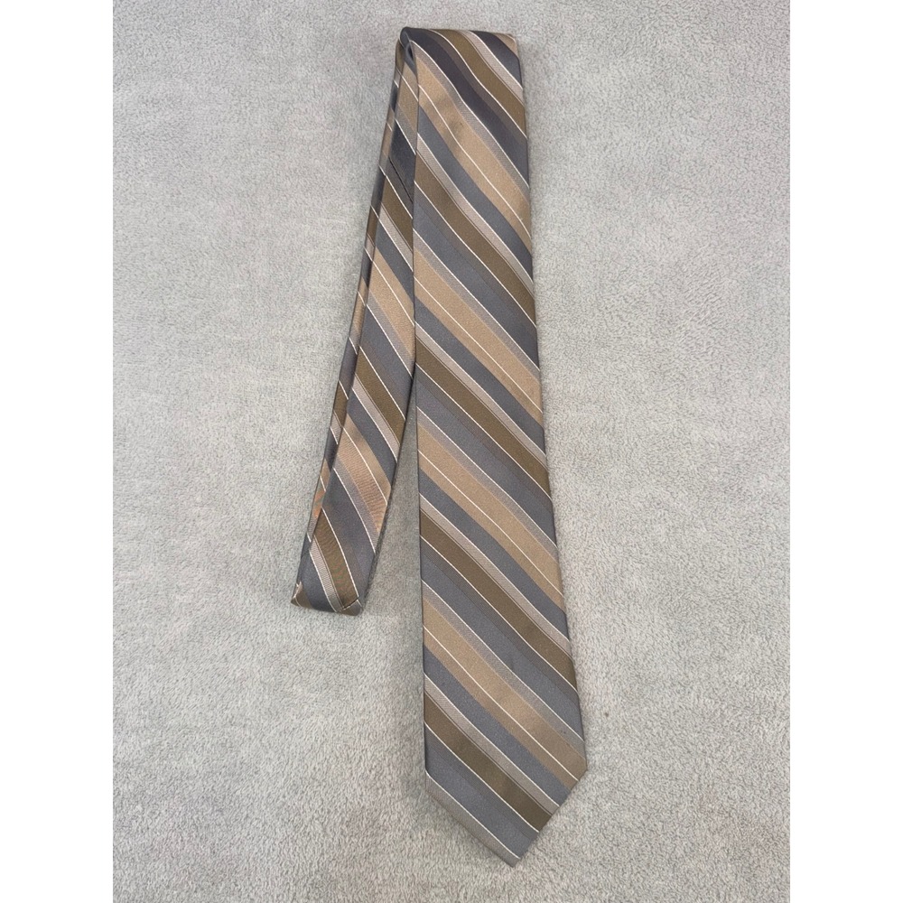 Forsyth of Canada Mens Silk Necktie Brown Grey Tan Striped Hand Sewn Classic Tie